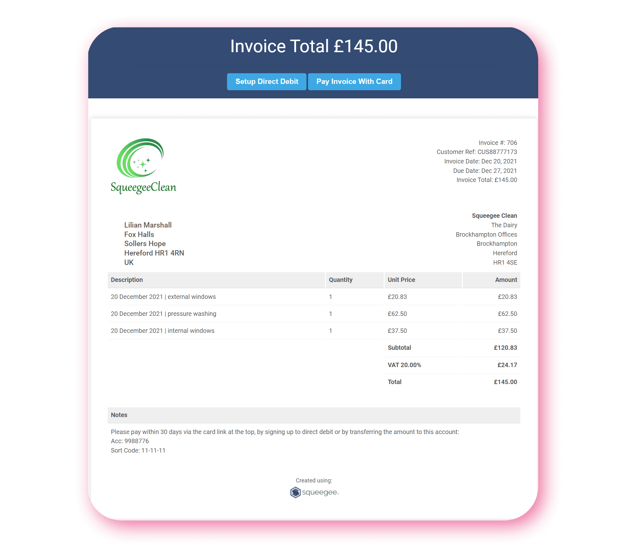 Invoice as the customer sees it on their device